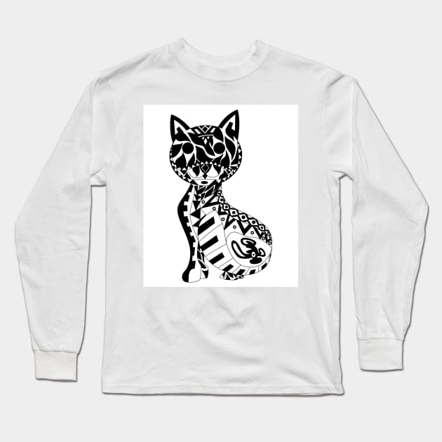 the mandala cat in cute kawaii pattern ecopop zentangle ink wallpaper Long Sleeve T-Shirt by jorge_lebeau